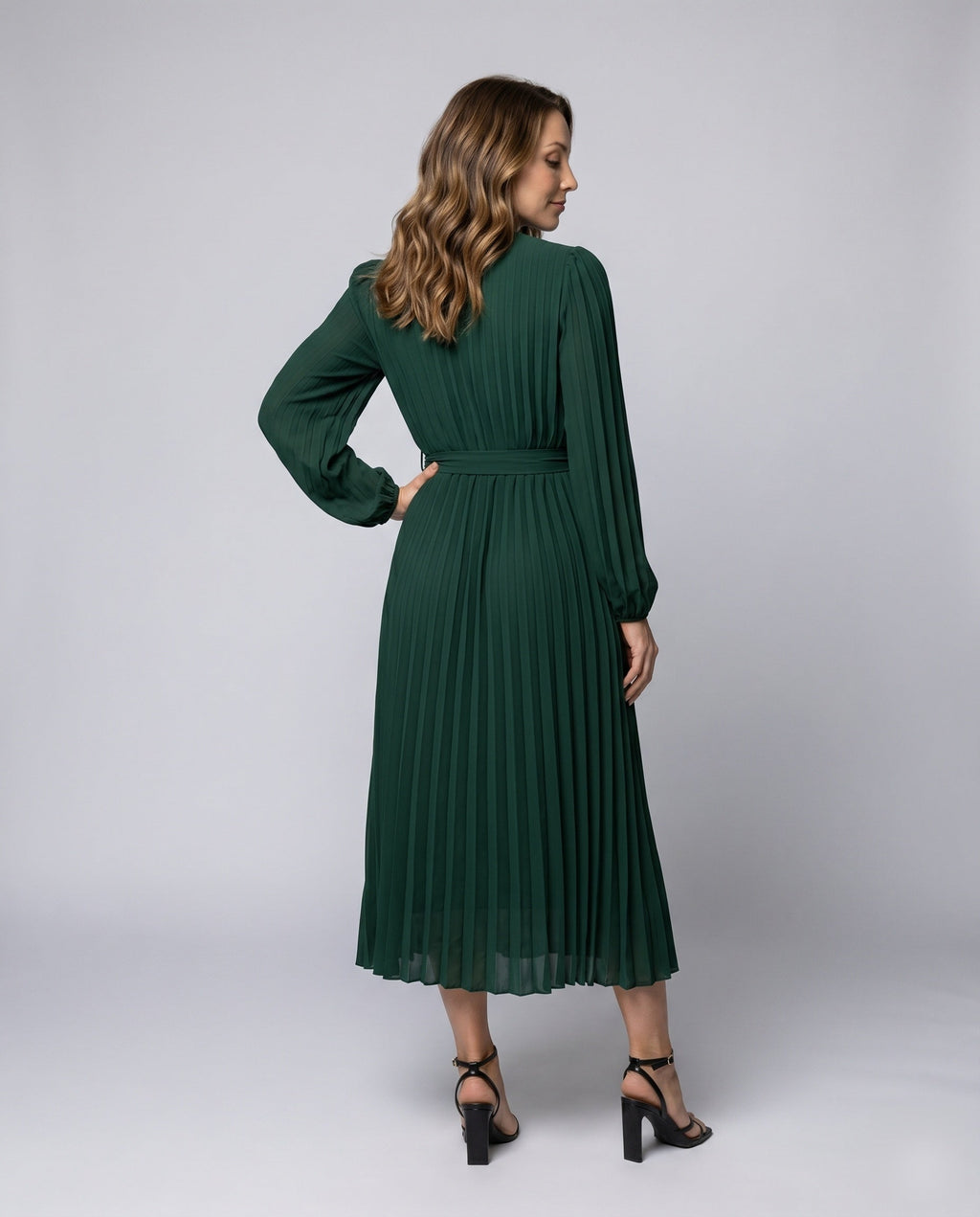 Women's Pleated Maxi Dress with Elegant Waistbelt and Puff Sleeves - back view