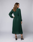 Women's Pleated Maxi Dress with Elegant Waistbelt and Puff Sleeves - back view