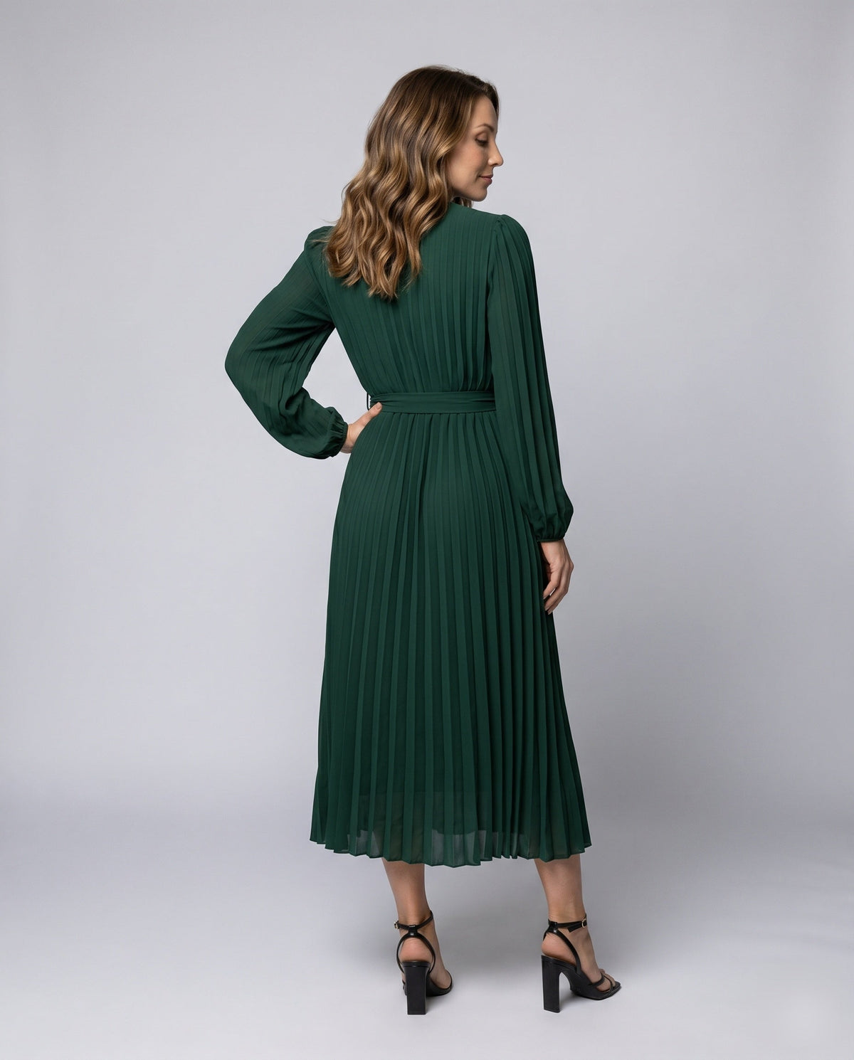 Women's Pleated Maxi Dress with Elegant Waistbelt and Puff Sleeves - back view