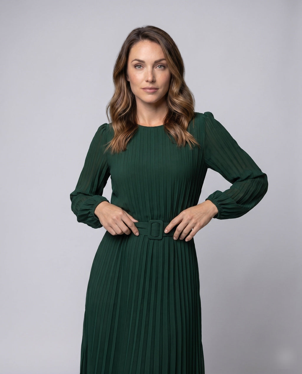 Women's Pleated Maxi Dress with Elegant Waistbelt and Puff Sleeves - upper body view