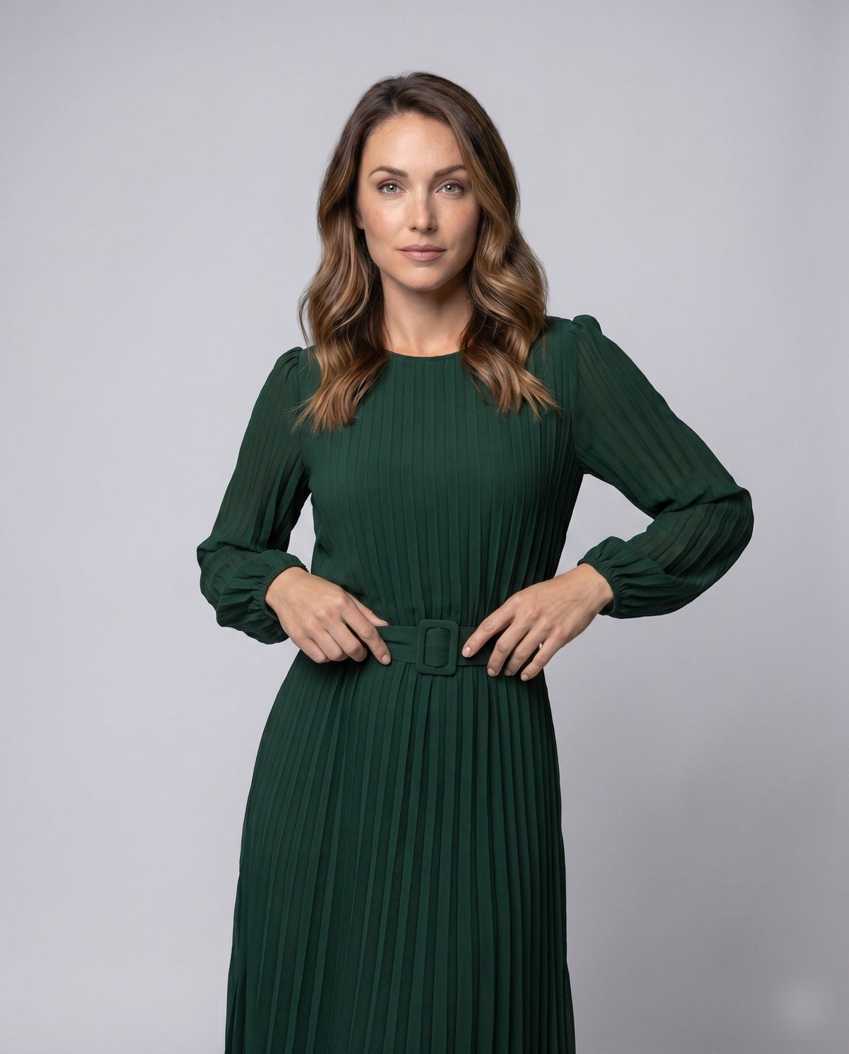 Women's Pleated Maxi Dress with Elegant Waistbelt and Puff Sleeves - upper body view