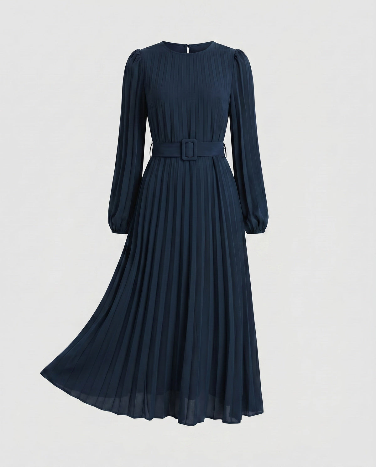 Women's Pleated Maxi Dress with Elegant Waistbelt and Puff Sleeves - product shot