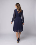 Women Pleated Midi Dress with Elegant V-Neck and Sheer Sleeves - back view