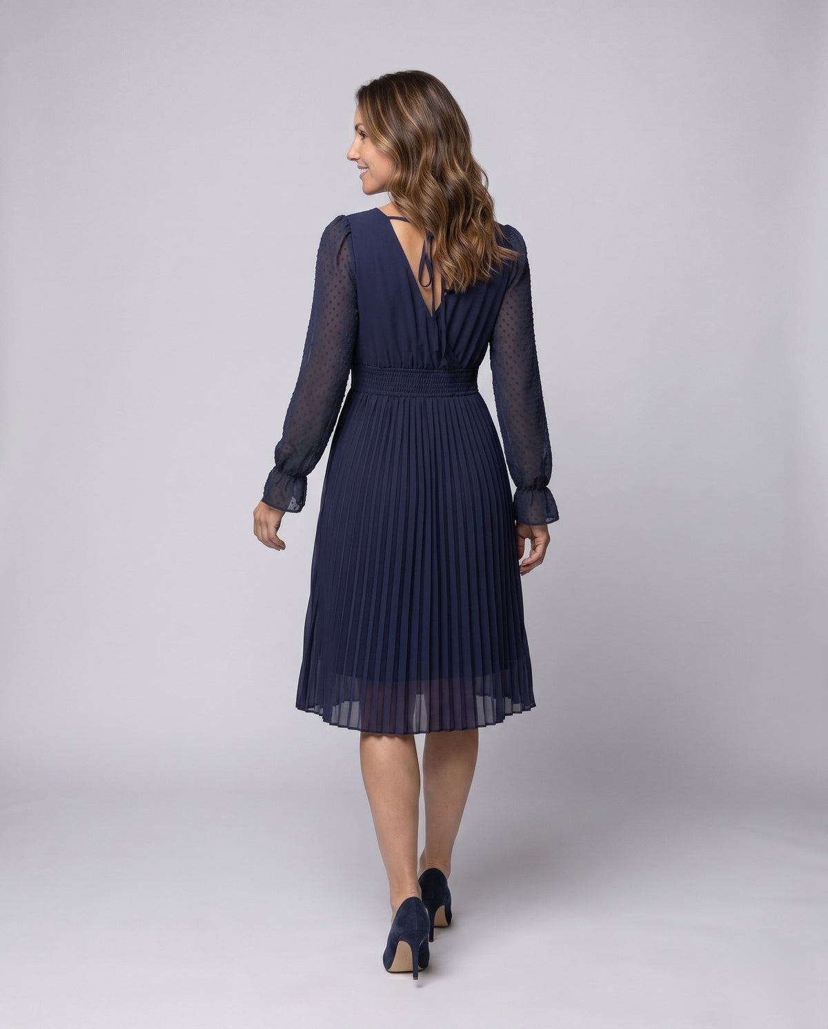 Women Pleated Midi Dress with Elegant V-Neck and Sheer Sleeves - back view