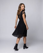 Women Pleated Midi Dress with Waist Belt and Elegant Lace Sleeves - back view
