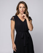 Women Pleated Midi Dress with Waist Belt and Elegant Lace Sleeves - upper body view