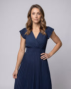 Women's Pleated Midi Dress with V-Neck and Ruffle Details - upper body view