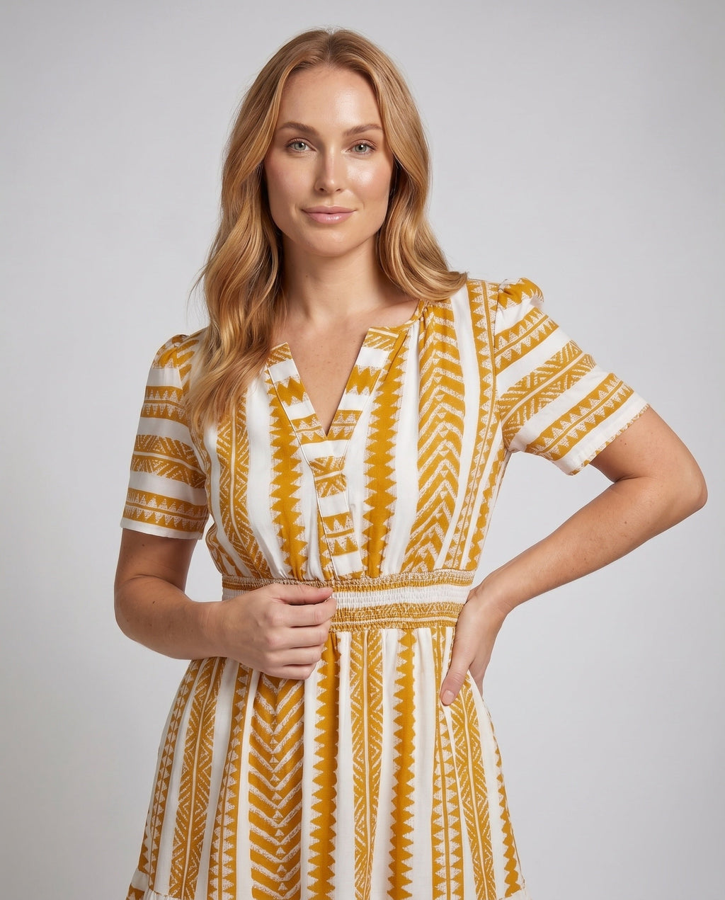 Ladies summer blouse dress with graphic pattern and ruffled hem - upper body view