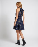 Women's summer dress with ruffle details and waist belt - back view
