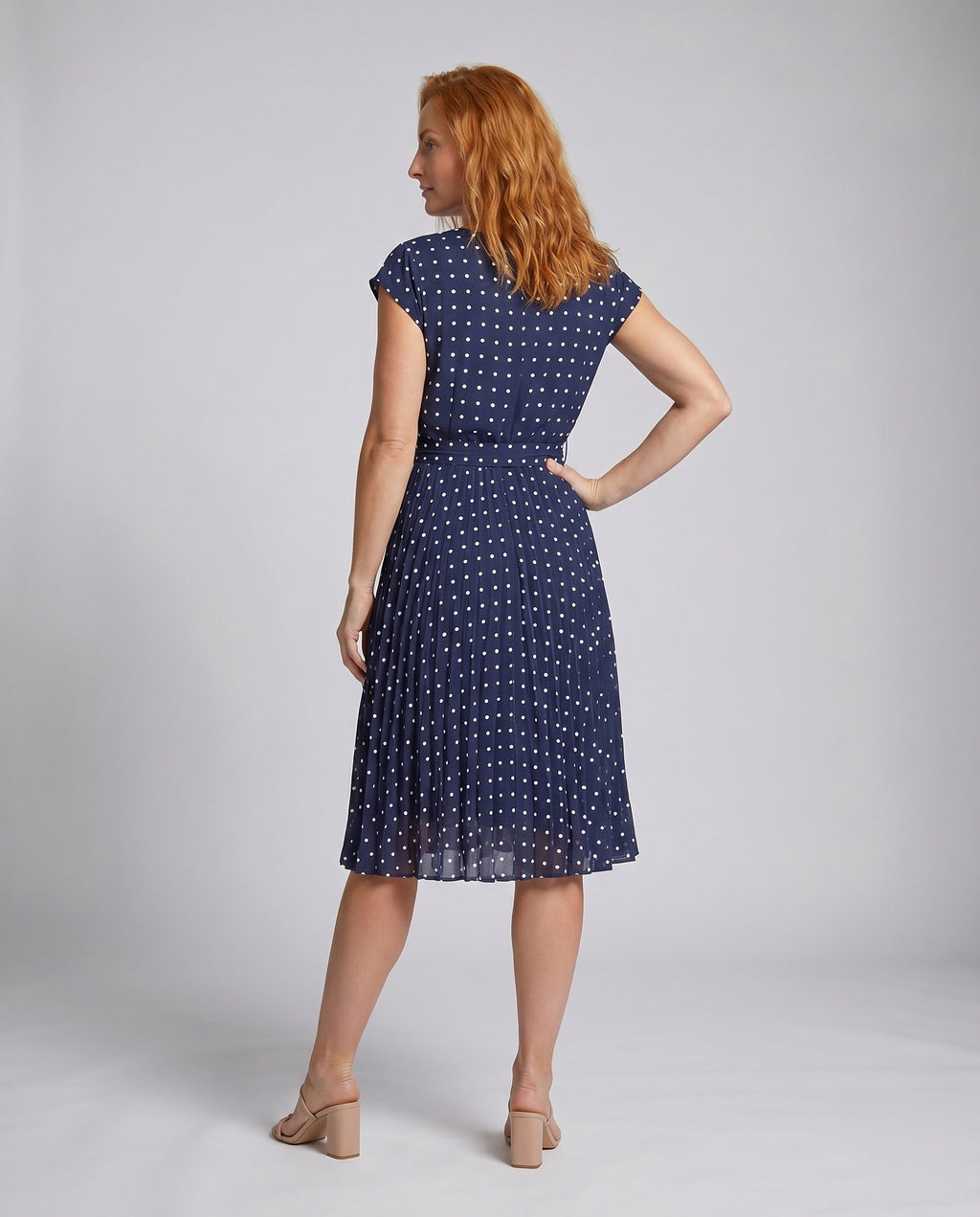 Women’s Summer Polka Dots Dress with Waist Belt and Airy Silhouette - back view