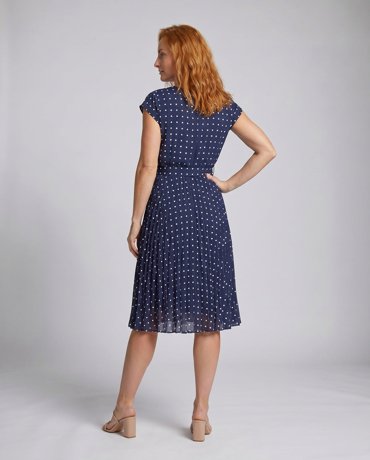 Women’s Summer Polka Dots Dress with Waist Belt and Airy Silhouette - back view
