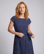 Women’s Summer Polka Dots Dress with Waist Belt and Airy Silhouette - upper body view