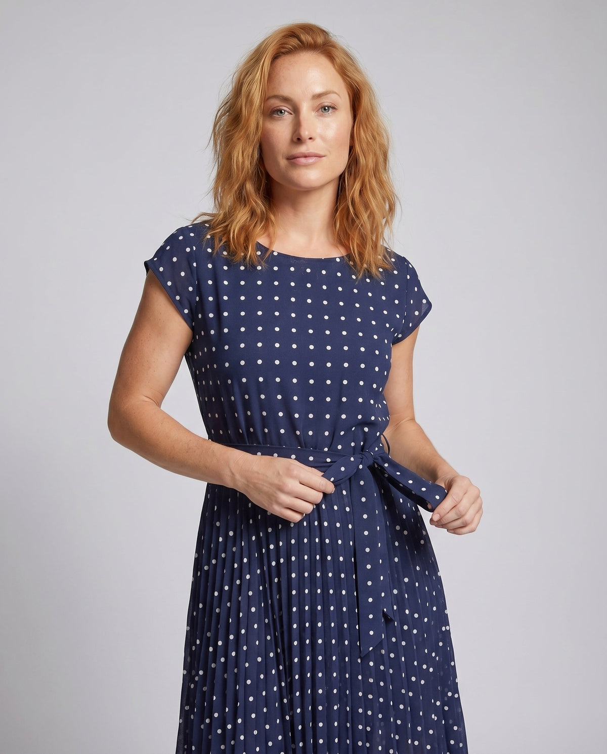 Women’s Summer Polka Dots Dress with Waist Belt and Airy Silhouette - upper body view