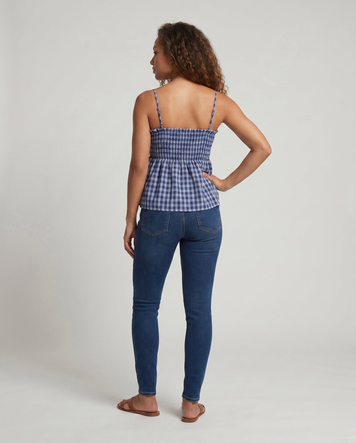 Women's blouse dress with elastic waist drawstring and check pattern - back view