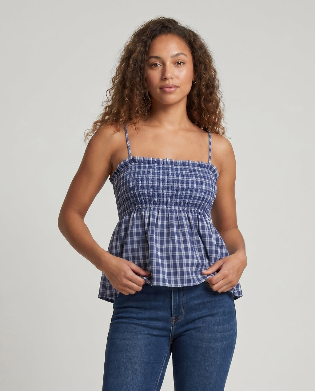 Women's blouse dress with elastic waist drawstring and check pattern - upper body view