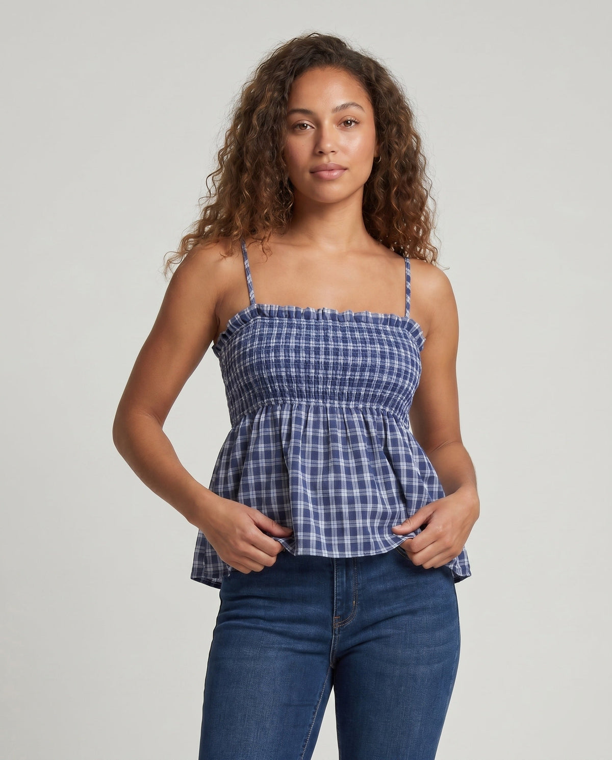 Women's blouse dress with elastic waist drawstring and check pattern - upper body view