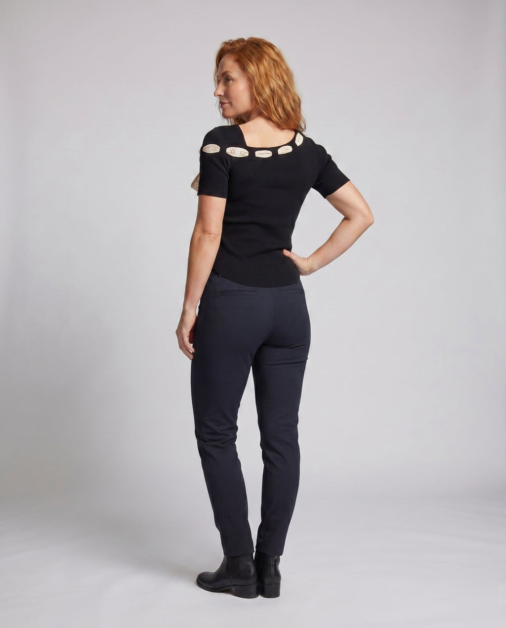 Ladies blouse shirt with decorative tie option design and elegant lace hem - back view
