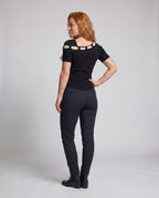 Ladies blouse shirt with decorative tie option design and elegant lace hem - back view