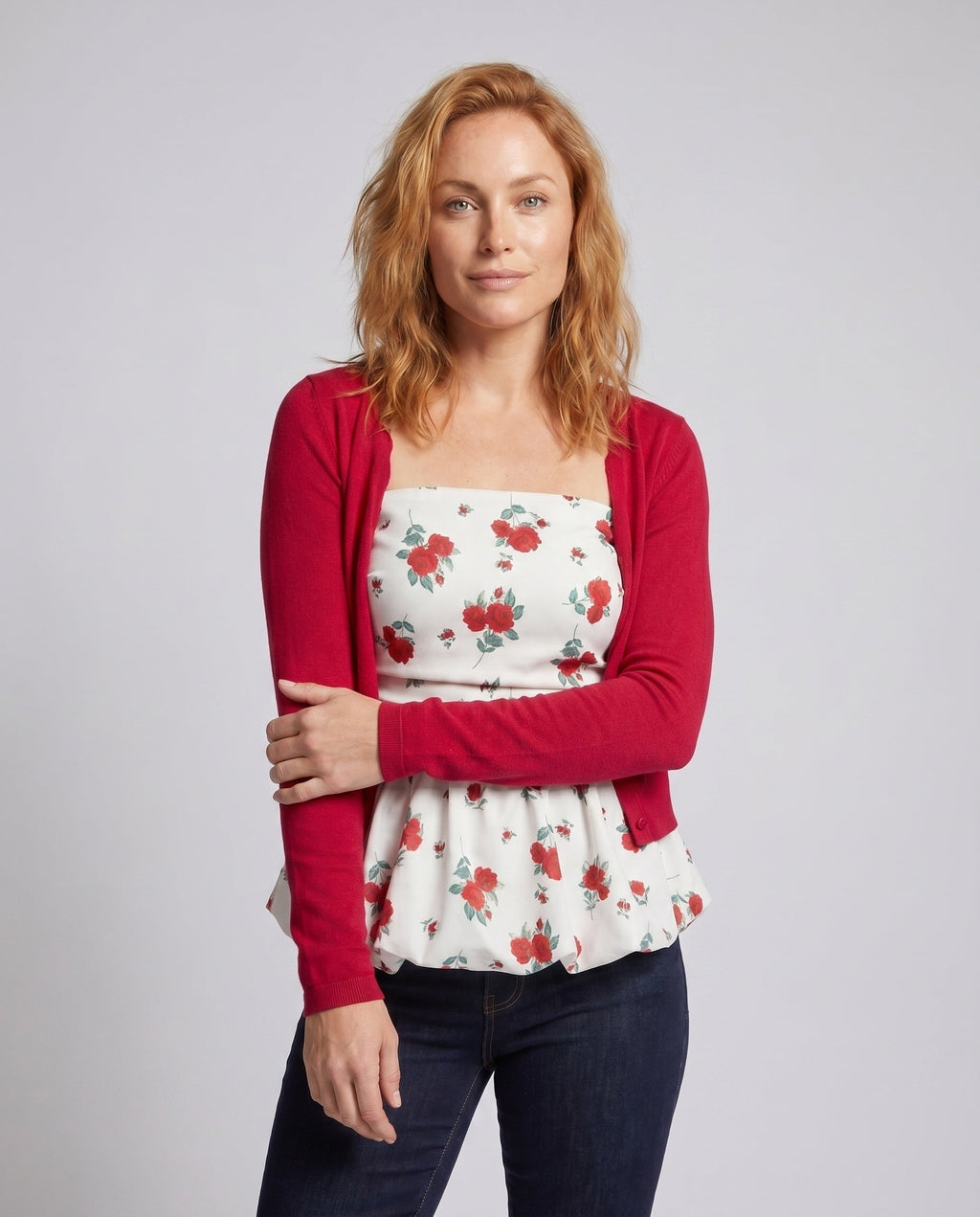 Women's blouse shirt with floral peplum design and charming ruffle accents - upper body view