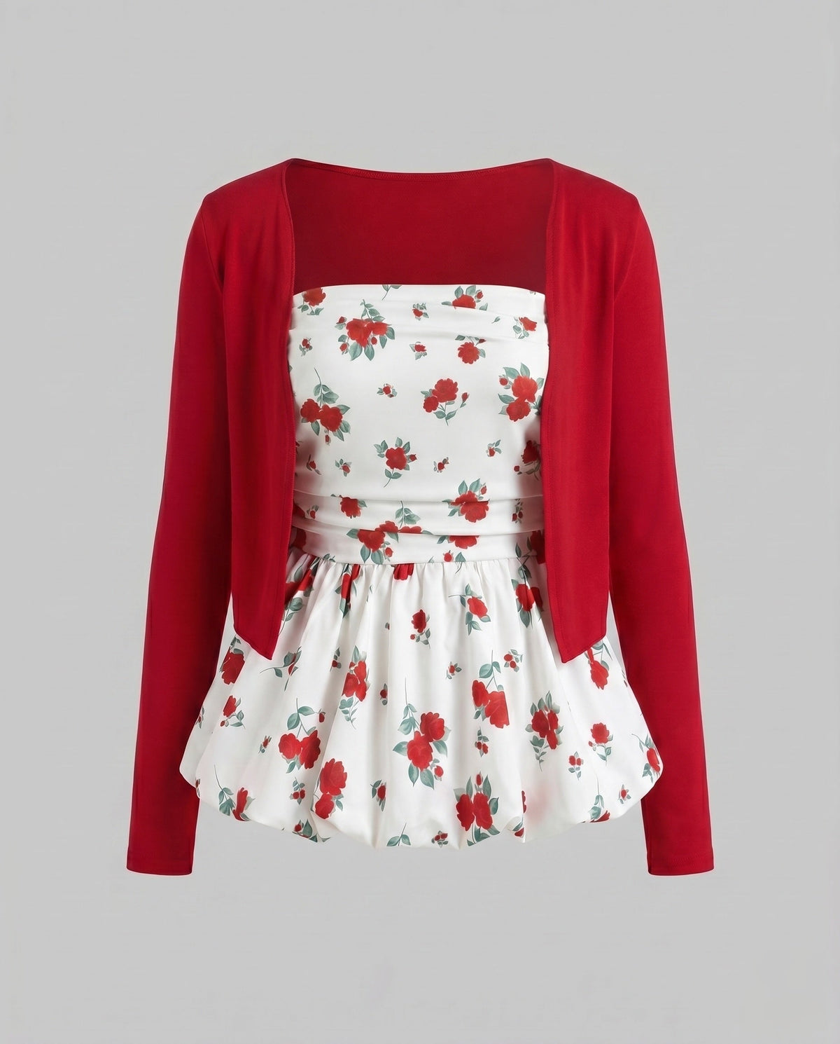 Women's blouse shirt with floral peplum design and charming ruffle accents - product shot