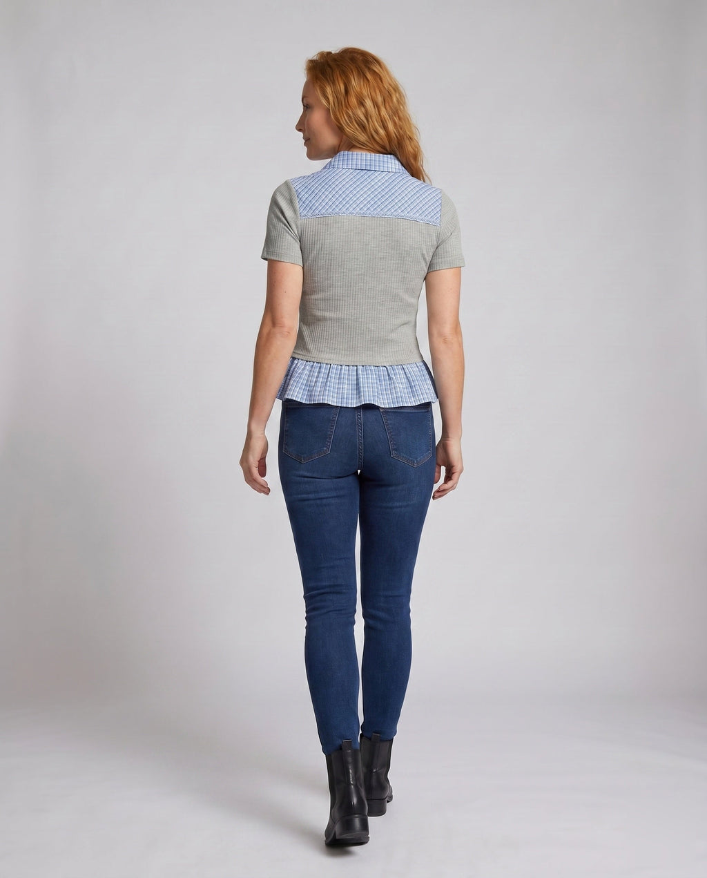 Women's blouse shirt with fashionable check details and elegant ruffle hem - back view