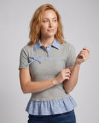 Women's blouse shirt with fashionable check details and elegant ruffle hem - upper body view