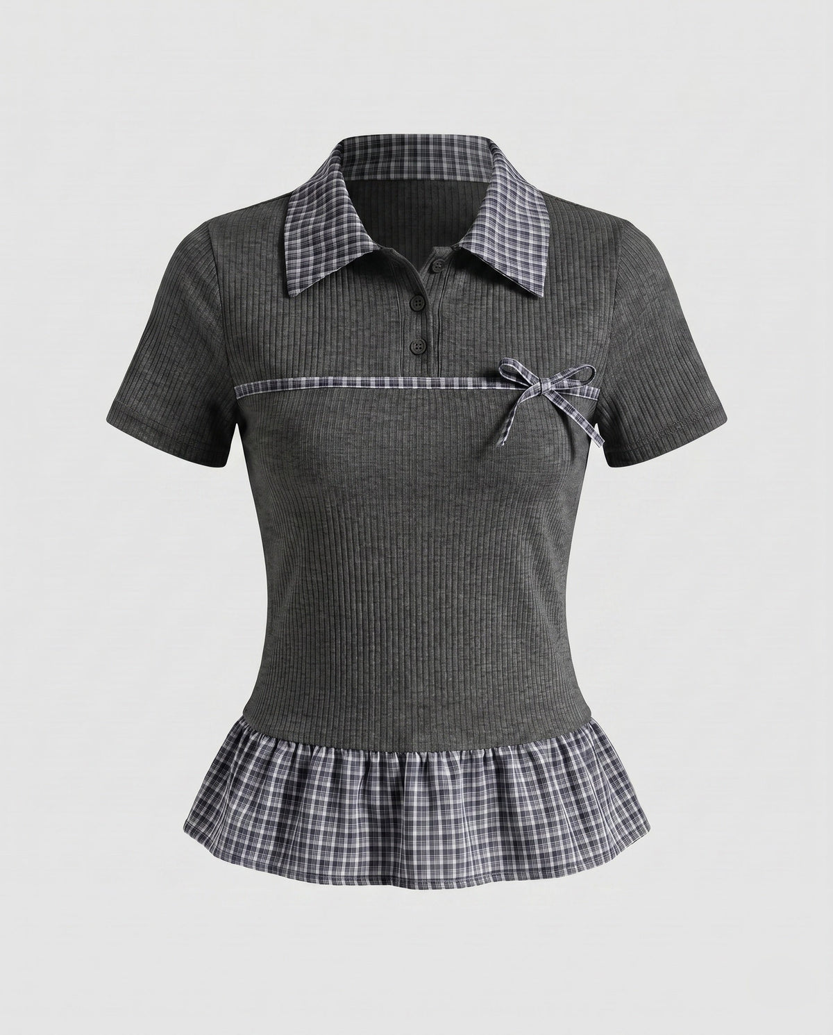 Women's blouse shirt with fashionable check details and elegant ruffle hem - product shot