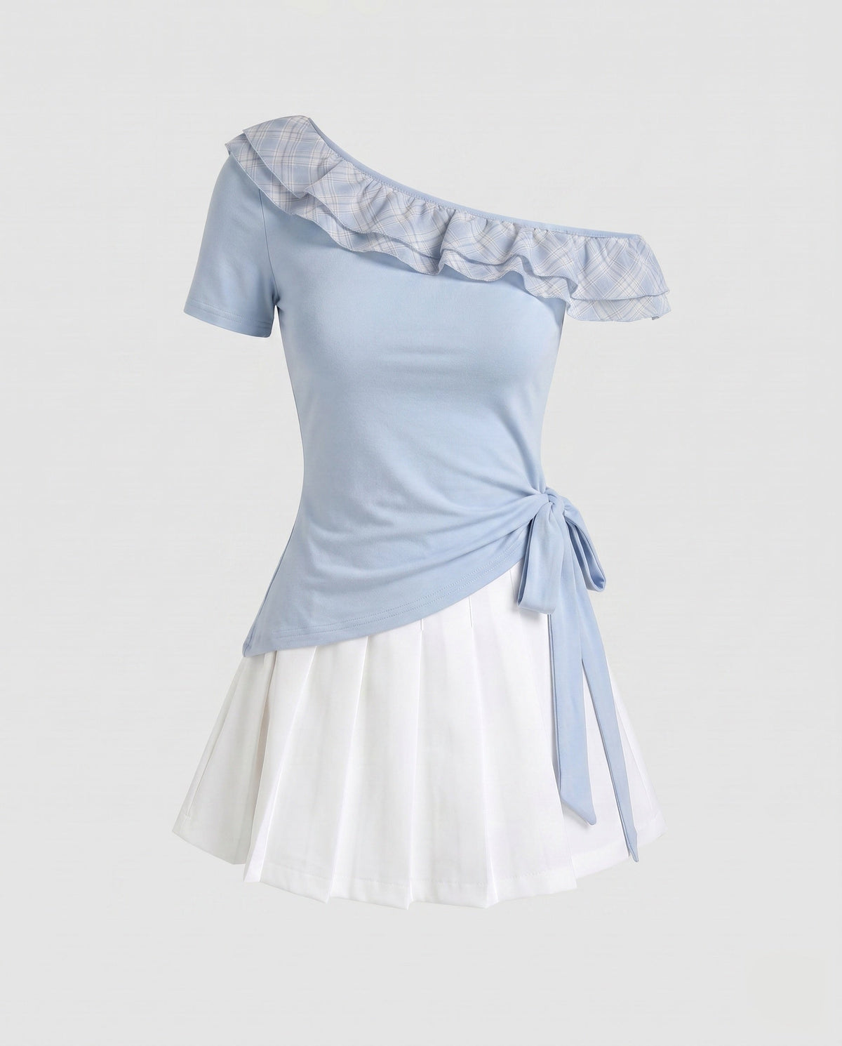 Women's dress with playful asymmetric cut and sophisticated ruffle design - product shot