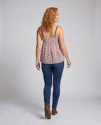 Women casual blouse top with floral patterns and delicate ruffle details - back view