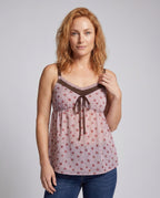 Women casual blouse top with floral patterns and delicate ruffle details - upper body view