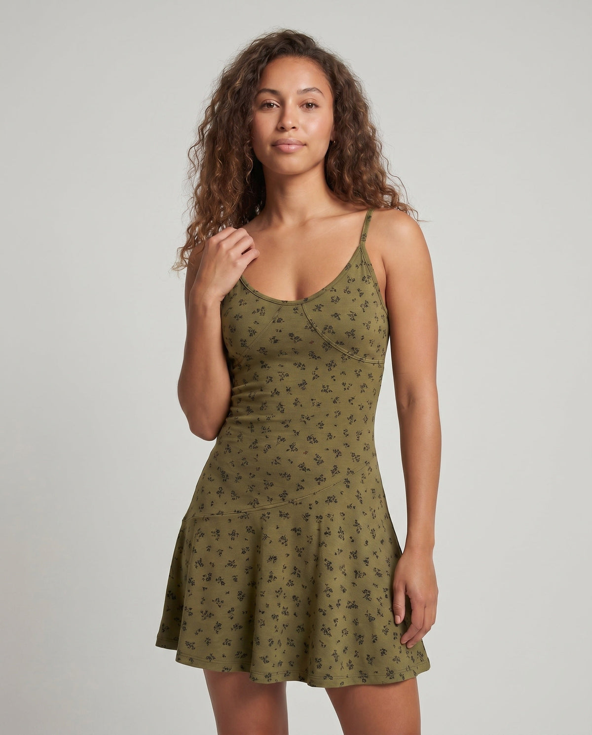 Women's Summer A-Line Dress with Adjustable Spaghetti Straps - upper body view