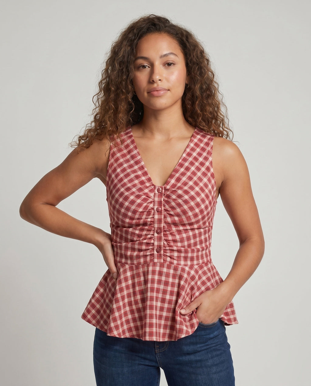 Women's V-Neck Blouse Shirt with Wide Hem and Button Details - upper body view