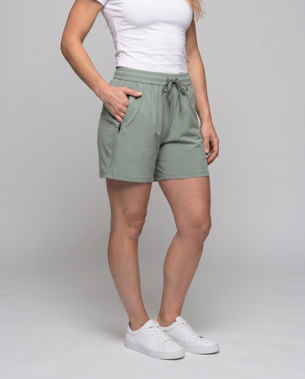 Women's Sporty Beach Shorts with Elastic Waistband and Zipper Pockets - lower body view