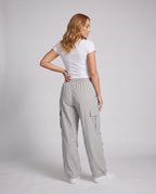 Women's cargo pants with elastic waistband and practical side pockets - back view