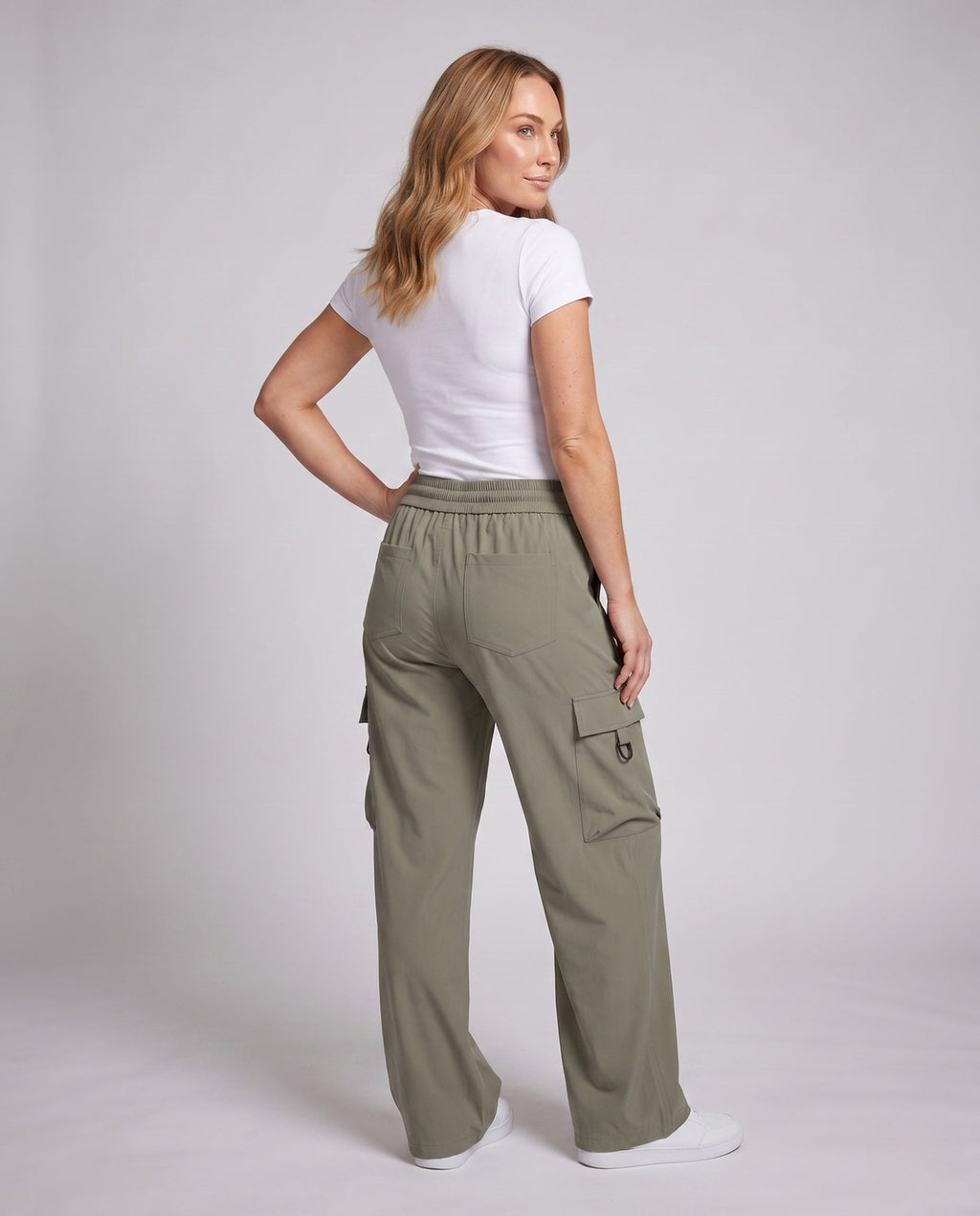Ladies cargo pants with elastic waistband and practical pockets - back view