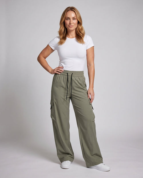 Ladies cargo pants with elastic waistband and practical pockets - front view