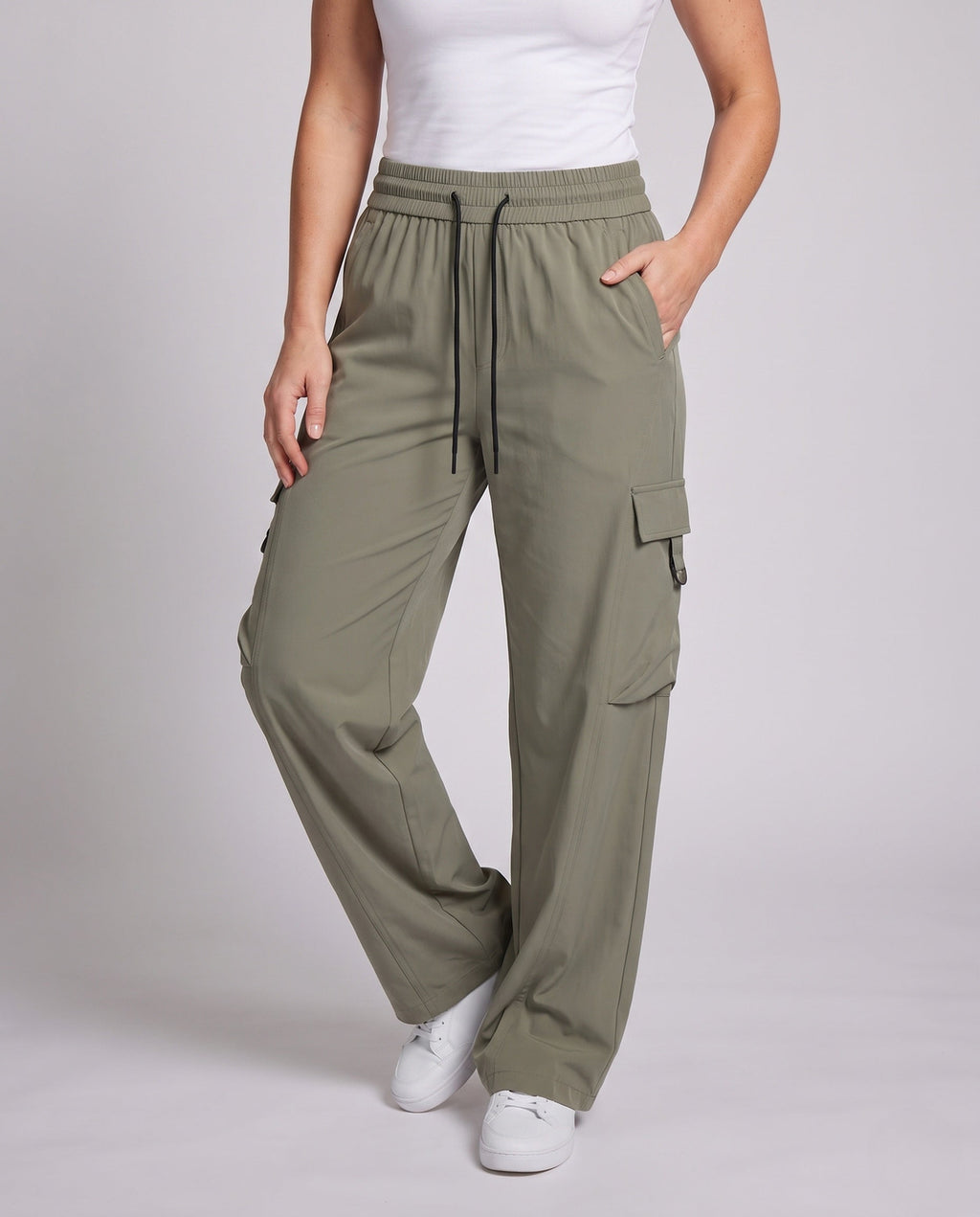 Ladies cargo pants with elastic waistband and practical pockets - lower body view