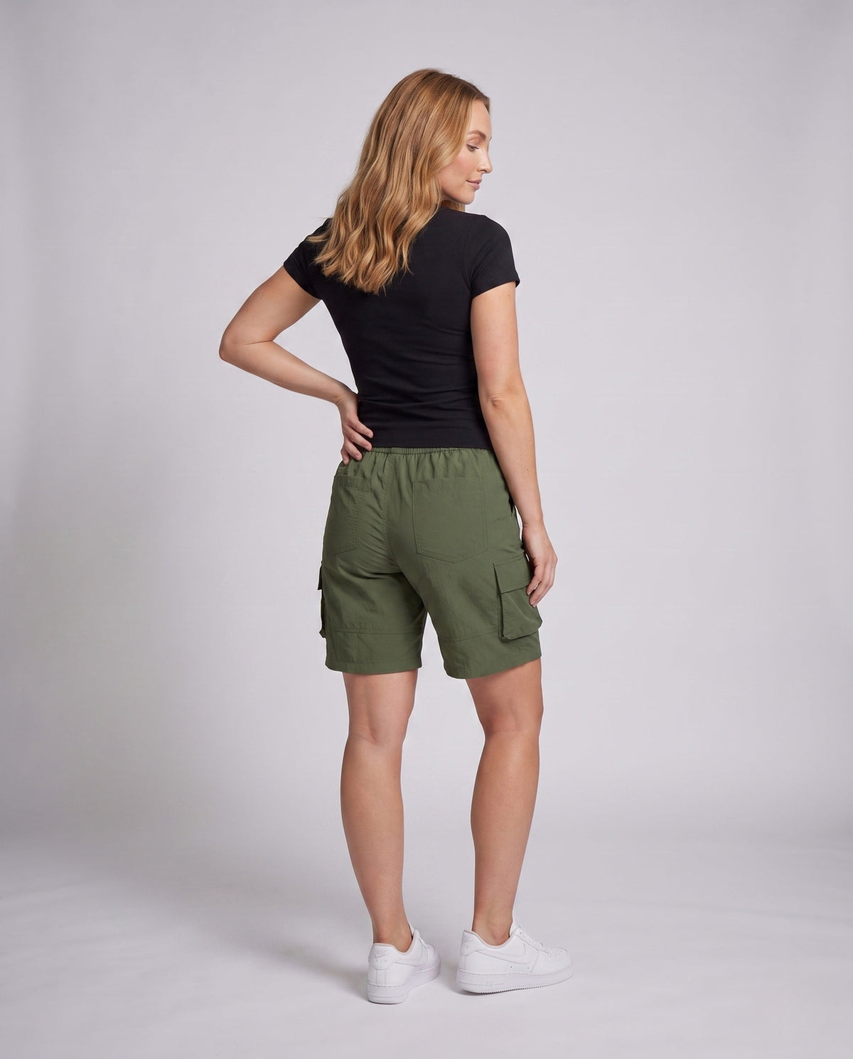 Women's cargo shorts with practical side pockets - back view