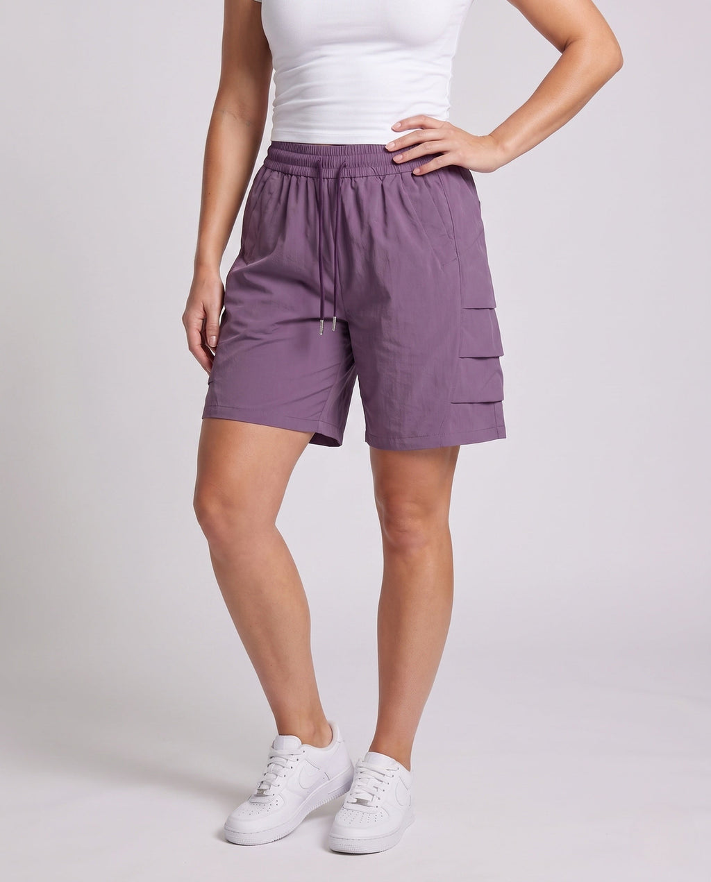Ladies practical cargo shorts with elastic waistband - lower body view