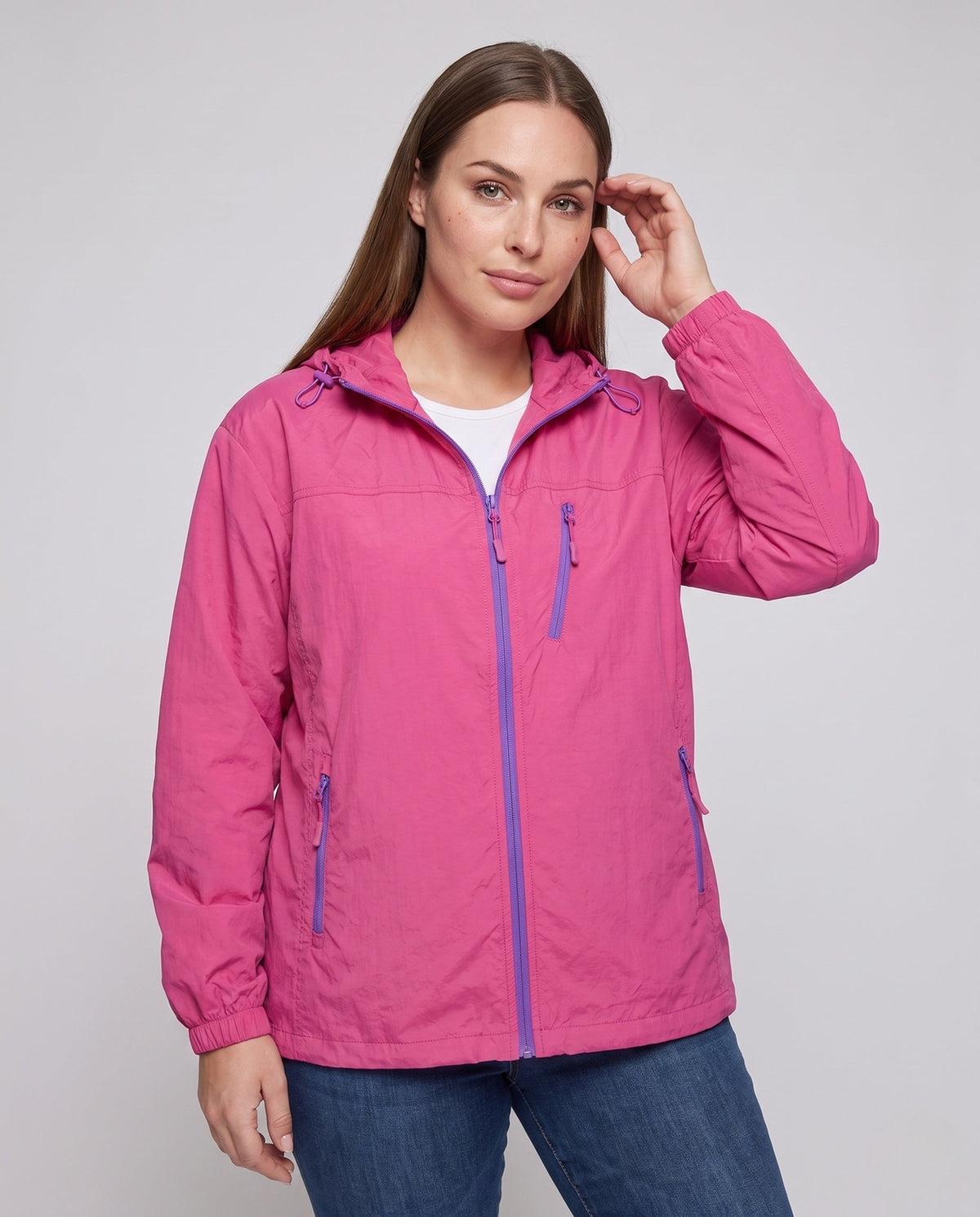 Women's Lightweight Outdoor Jacket with Adjustable Hood Area All Fashion - upper body view