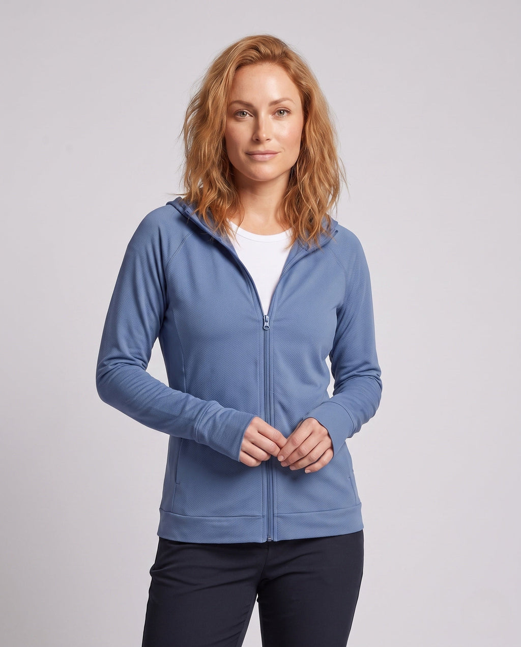 Women's breathable sports jacket with hood and full-length zipper All Fashion - upper body view