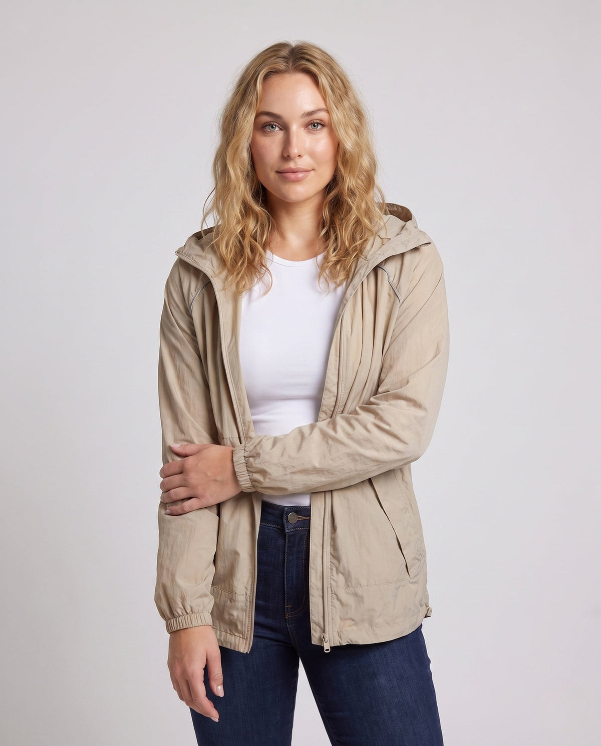 Women Lightweight Outdoor Jacket with Adjustable Hood Design and Breathable Inserts All Fashion - upper body view