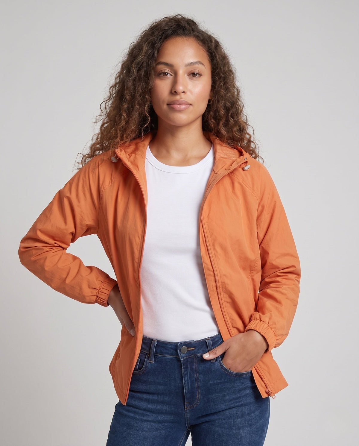 Women's lightweight windbreaker jacket with adjustable hood and elastic cuffs All Fashion - upper body view
