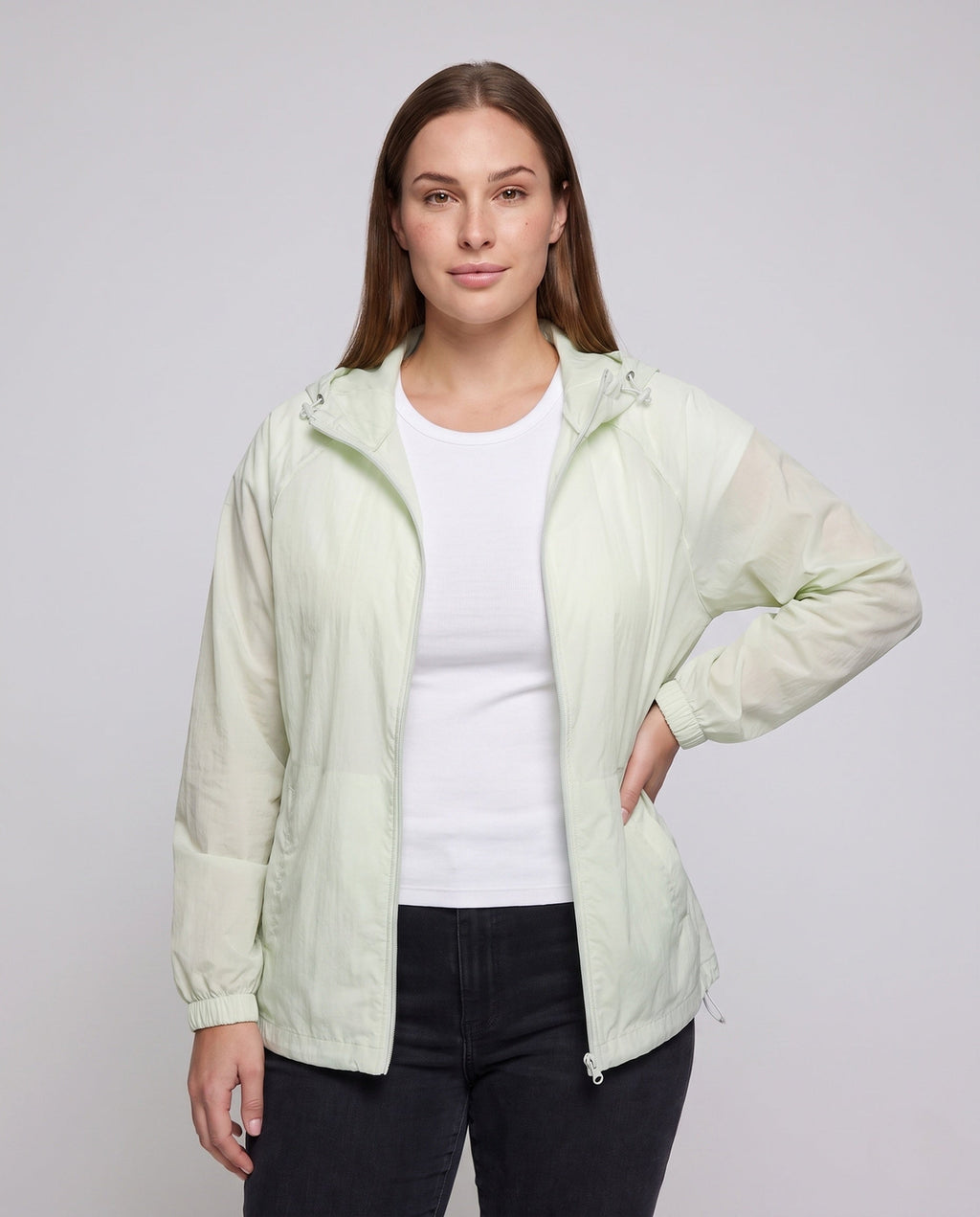 Women's practical windbreaker jacket with adjustable hood All Fashion - upper body view