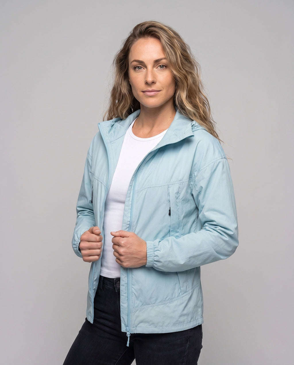 Women's ultra-lightweight UV protection jacket with integrated hood All Fashion - upper body view