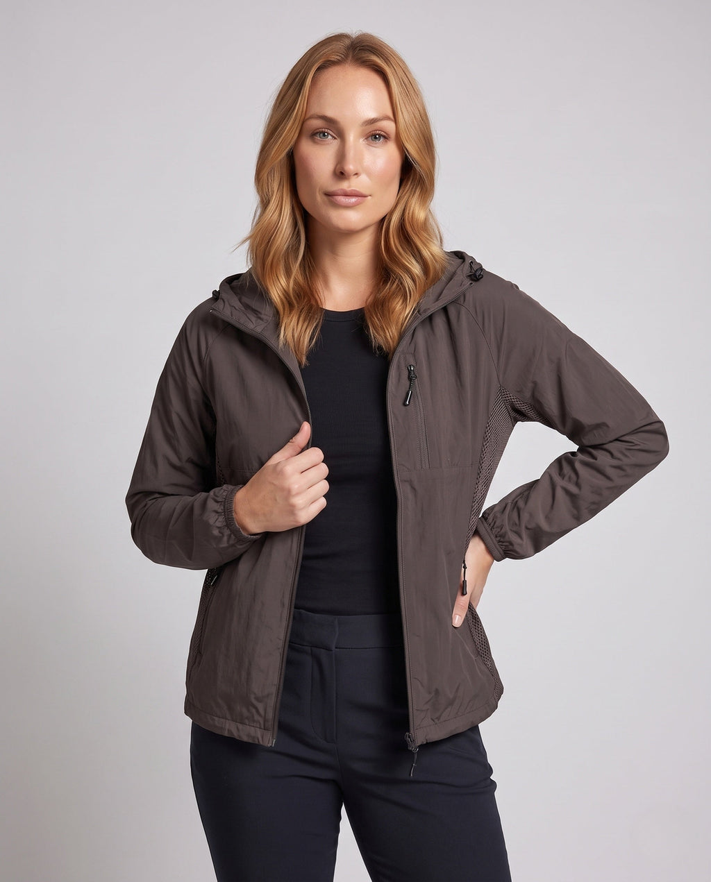 Women UV protection jacket with water-repellent properties and adjustable hood collar All Fashion - upper body view