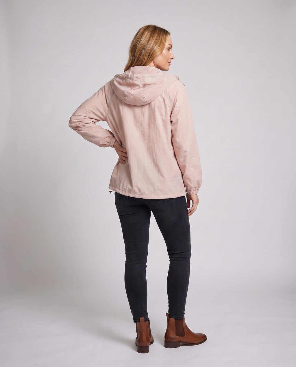 Women's lightweight windproof hooded jacket with drawstring and generous pockets All Fashion - back view