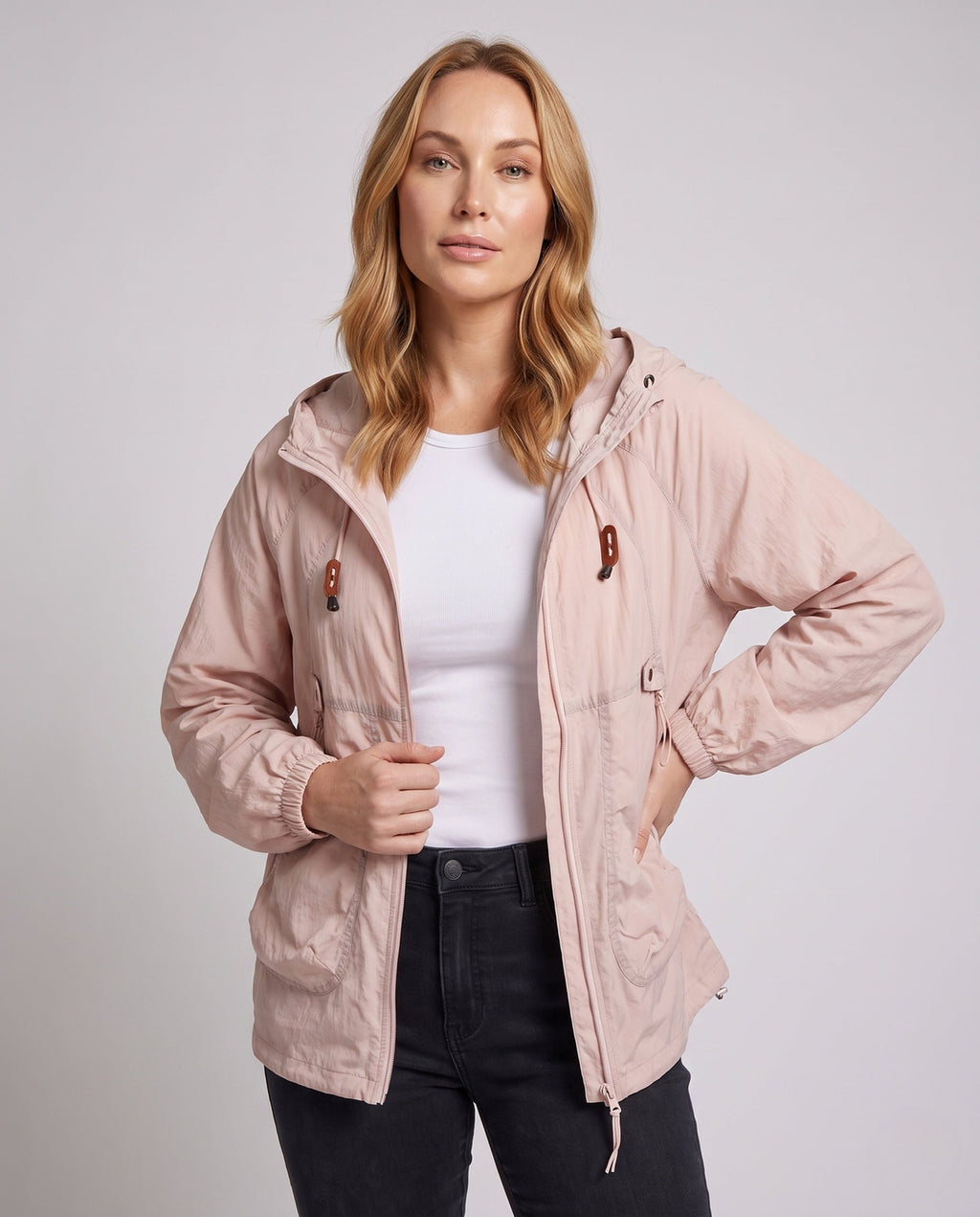 Women's lightweight windproof hooded jacket with drawstring and generous pockets All Fashion - upper body view