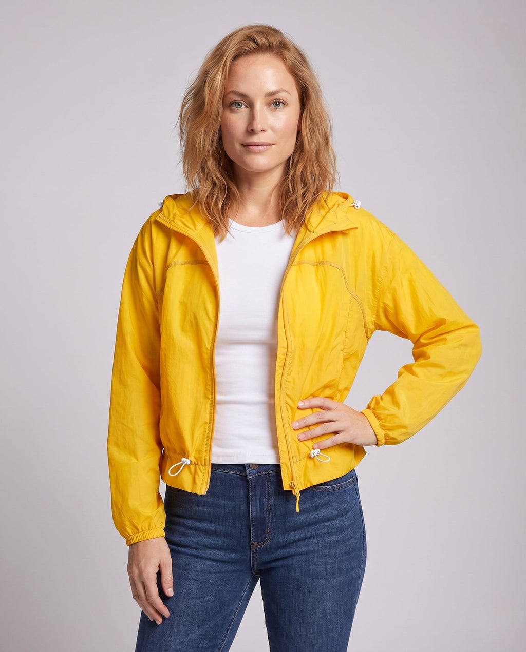 Women's nano ultralight hooded jacket wind- and water-repellent with adjustable hem All Fashion - upper body view