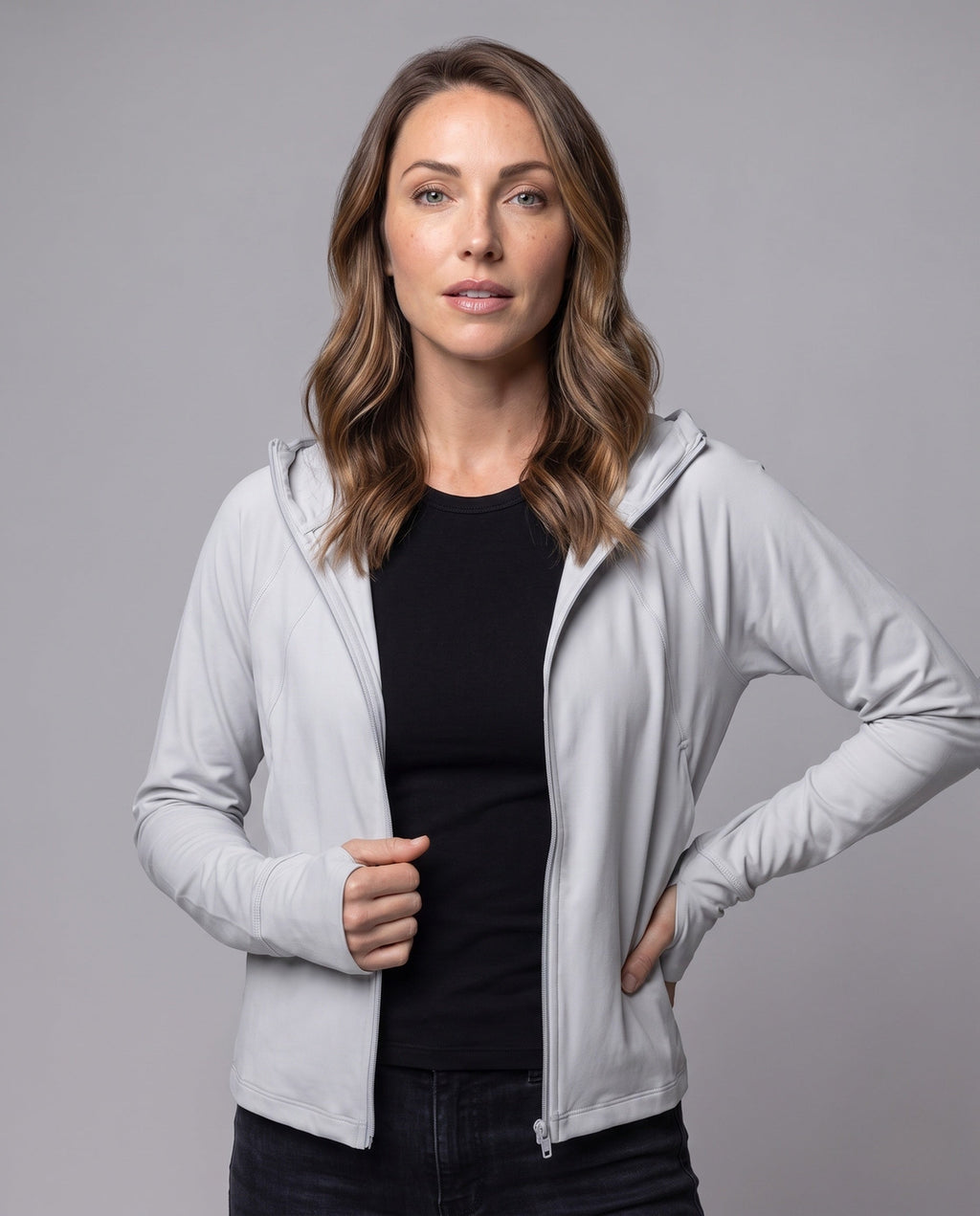 Unisex hooded sun protection jacket with extended visor brim, high stand collar and thumb holes All Fashion - upper body view